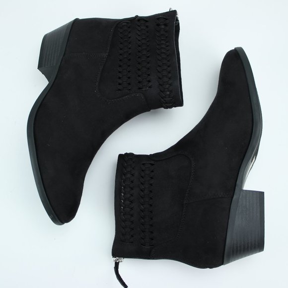 Black Ankle Boots Braided Woven Faux Suede Booties - Picture 5 of 8